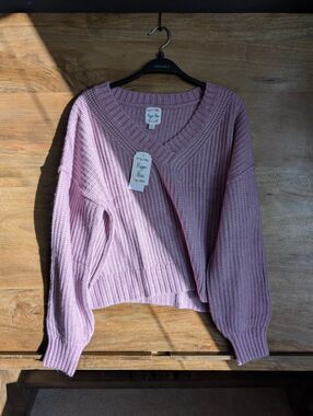Hippie Rose Sweater Womens Medium Lavender Waffle knit Drop Shoulder Pullover